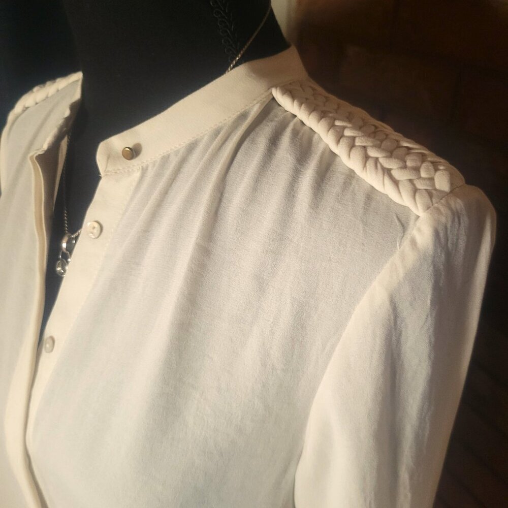 ZARA Women's Off-White Long-Sleeved Button-Down Blouse w/Braid Accent - Size S - Picture 3 of 14